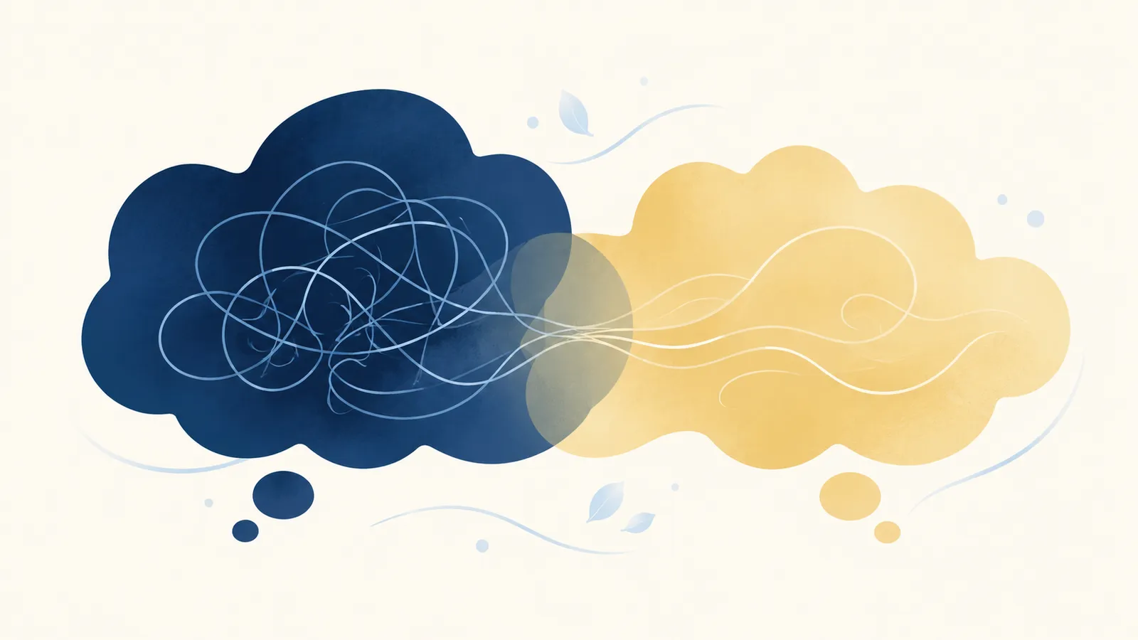 Illustration of two overlapping thought-clouds gently separating, representing distinguishing ADHD from anxiety in teens