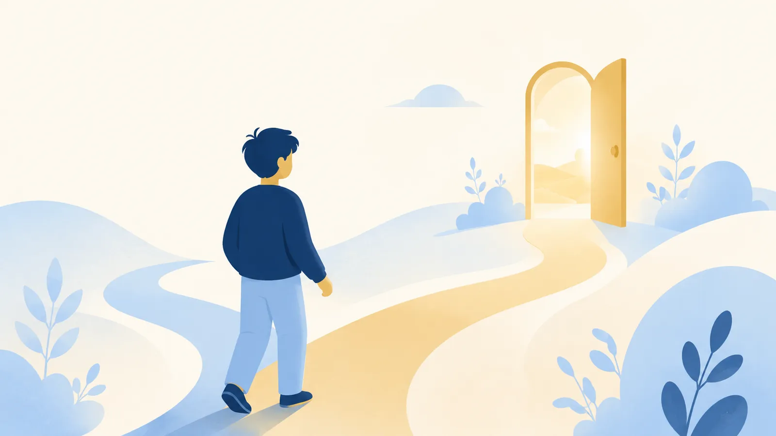 Illustration of a figure at a fork in a path choosing a warmly lit doorway, representing finding the right anxiety therapist