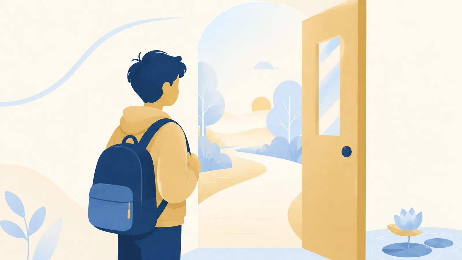 Illustration of a teen with a backpack pausing at an open school doorway, representing back-to-school anxiety