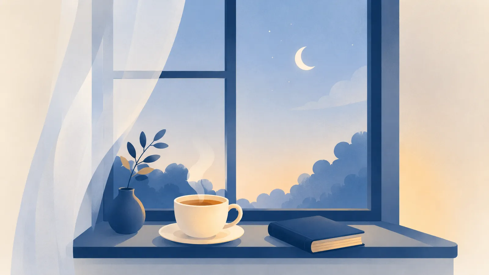 Illustration of a peaceful bedroom window at dusk with a cup of tea and a book, representing winding down for better sleep