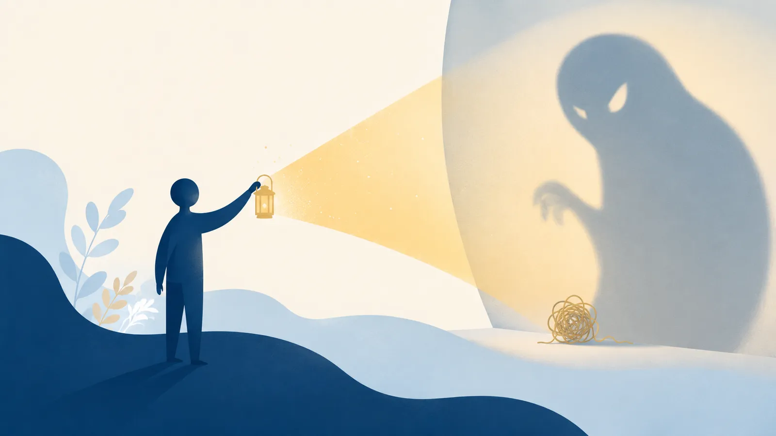 Illustration of a figure shining warm light on a looming shadow that turns out to be a small tangle of thread, representing myths about OCD