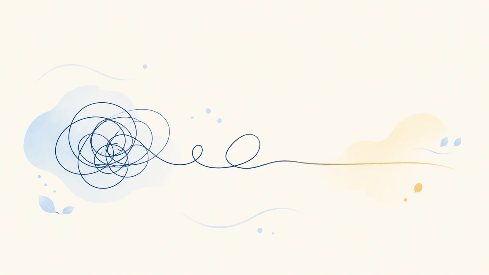 Illustration of a tight spiral line unwinding into a calm straight path, representing breaking the cycle of rumination