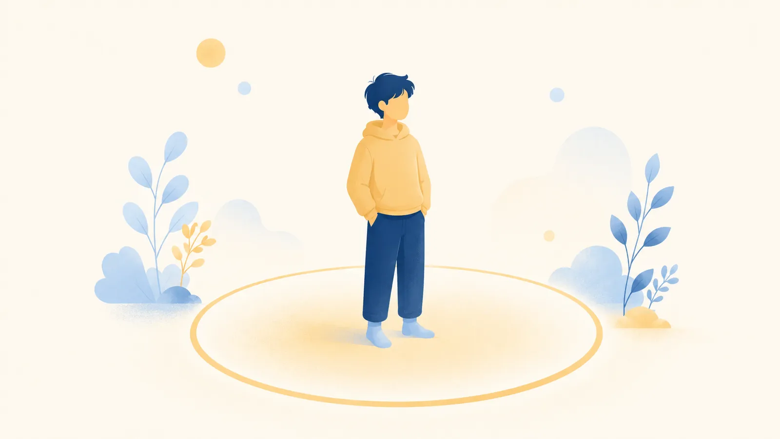 Illustration of a calm figure within a soft gold circular boundary, representing setting healthy boundaries