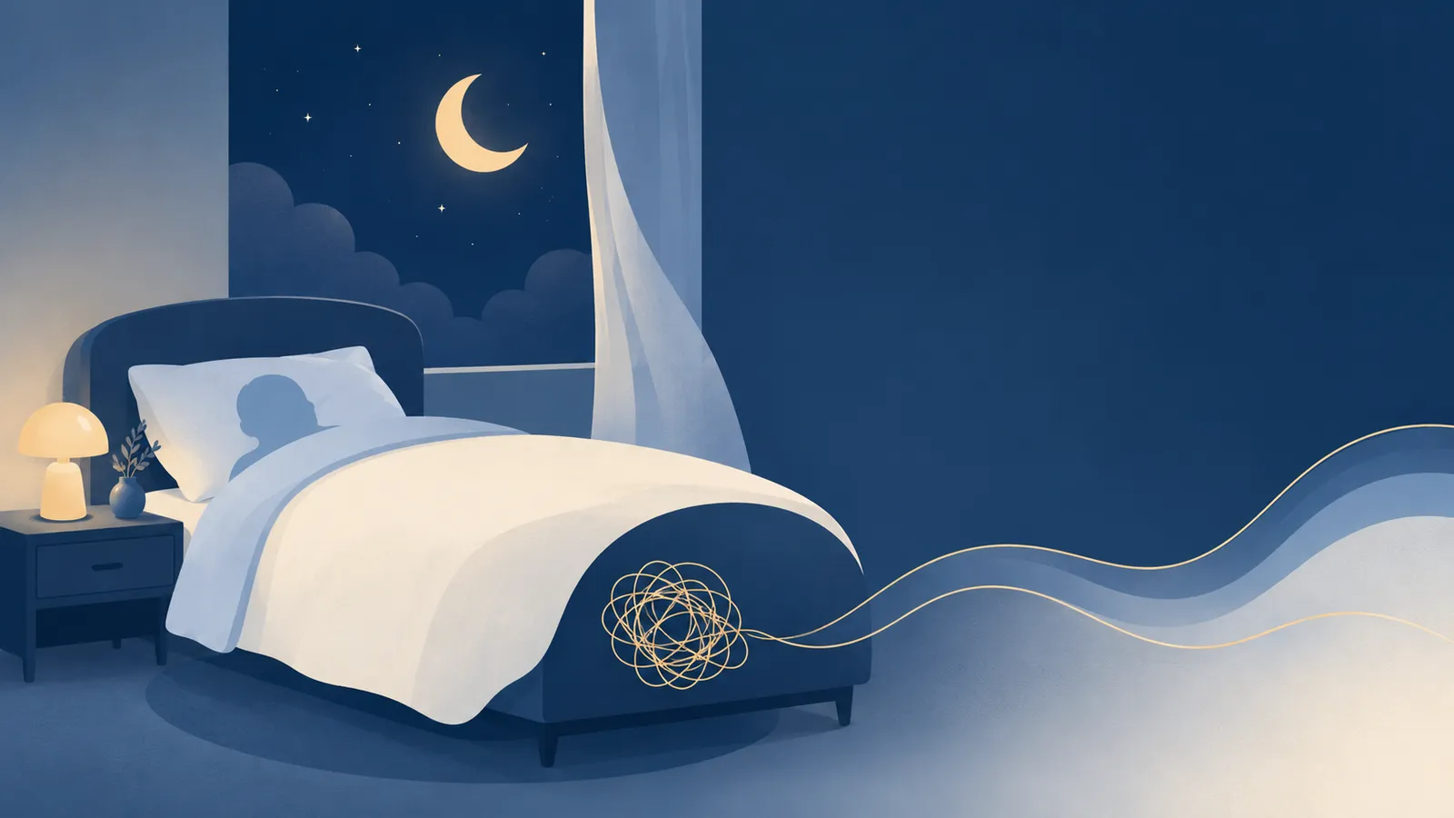 Illustration of a calm night scene with a tangled thread unwinding beside a bed, representing relief from OCD-related sleep struggles