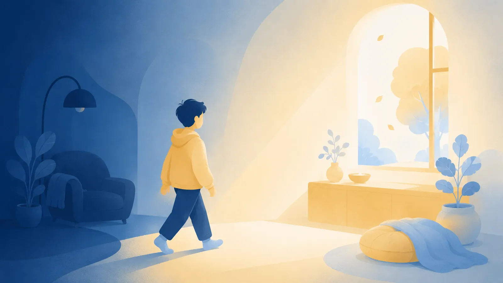 Illustration of a figure moving toward warm light through a window, representing finding support for seasonal depression