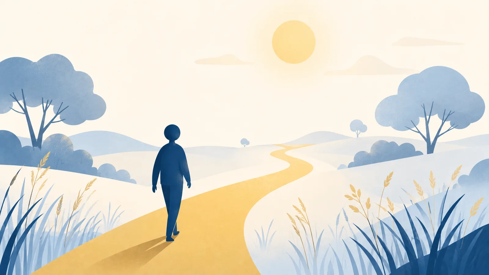 Illustration of a steady gold path continuing through a bright open summer scene, representing consistency in mental health through the season
