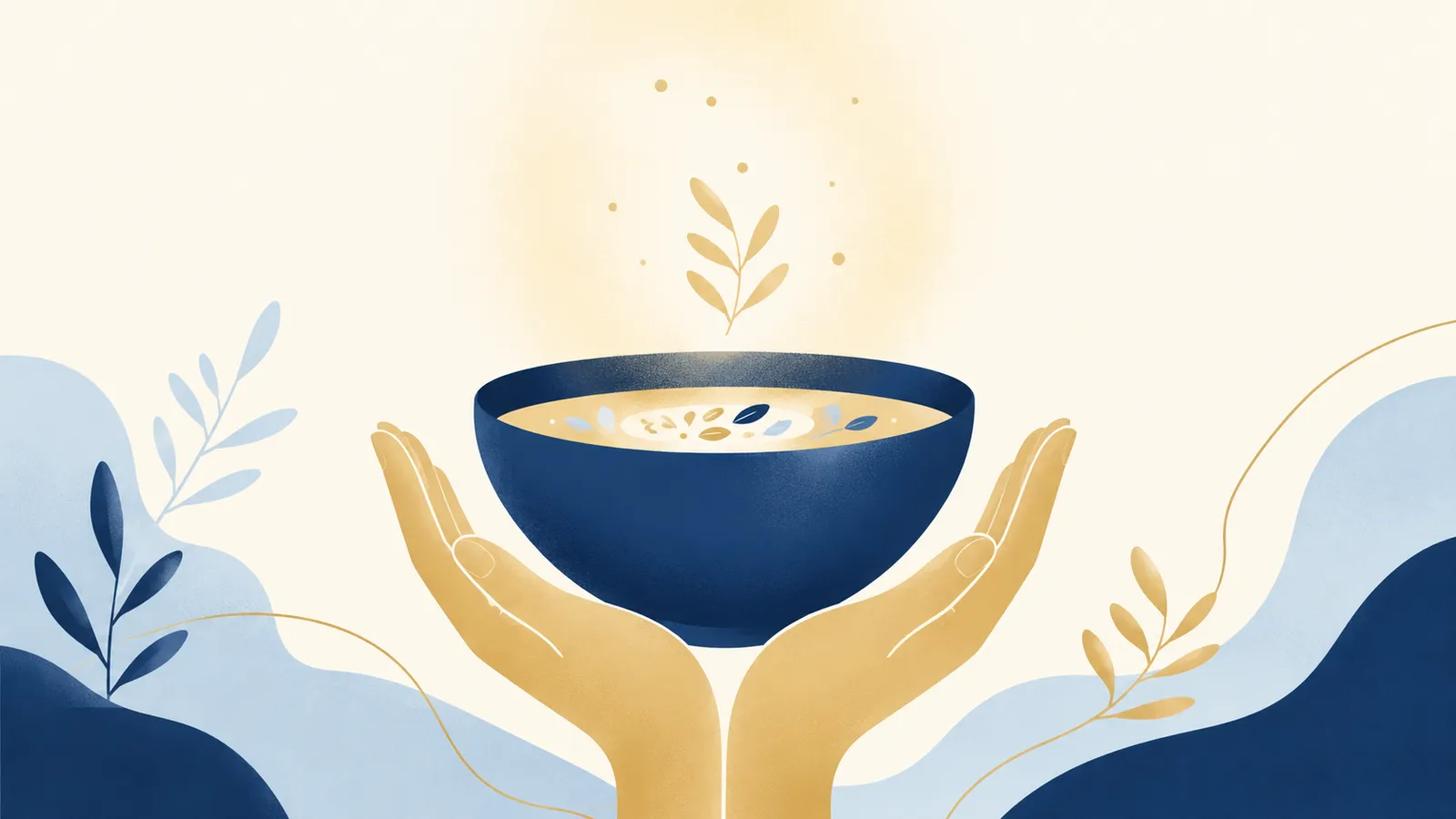 Illustration of gentle cupped hands holding a bowl in soft light, representing compassionate support for eating disorders