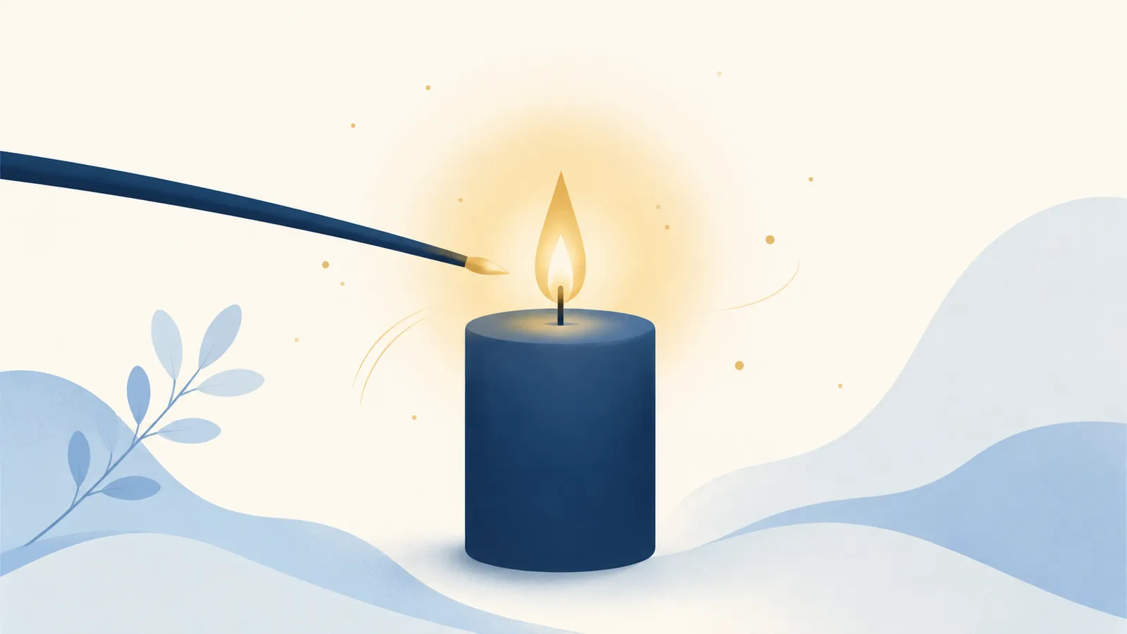 Illustration of a candle flame being gently re-lit with a warm glow, representing recovering from burnout