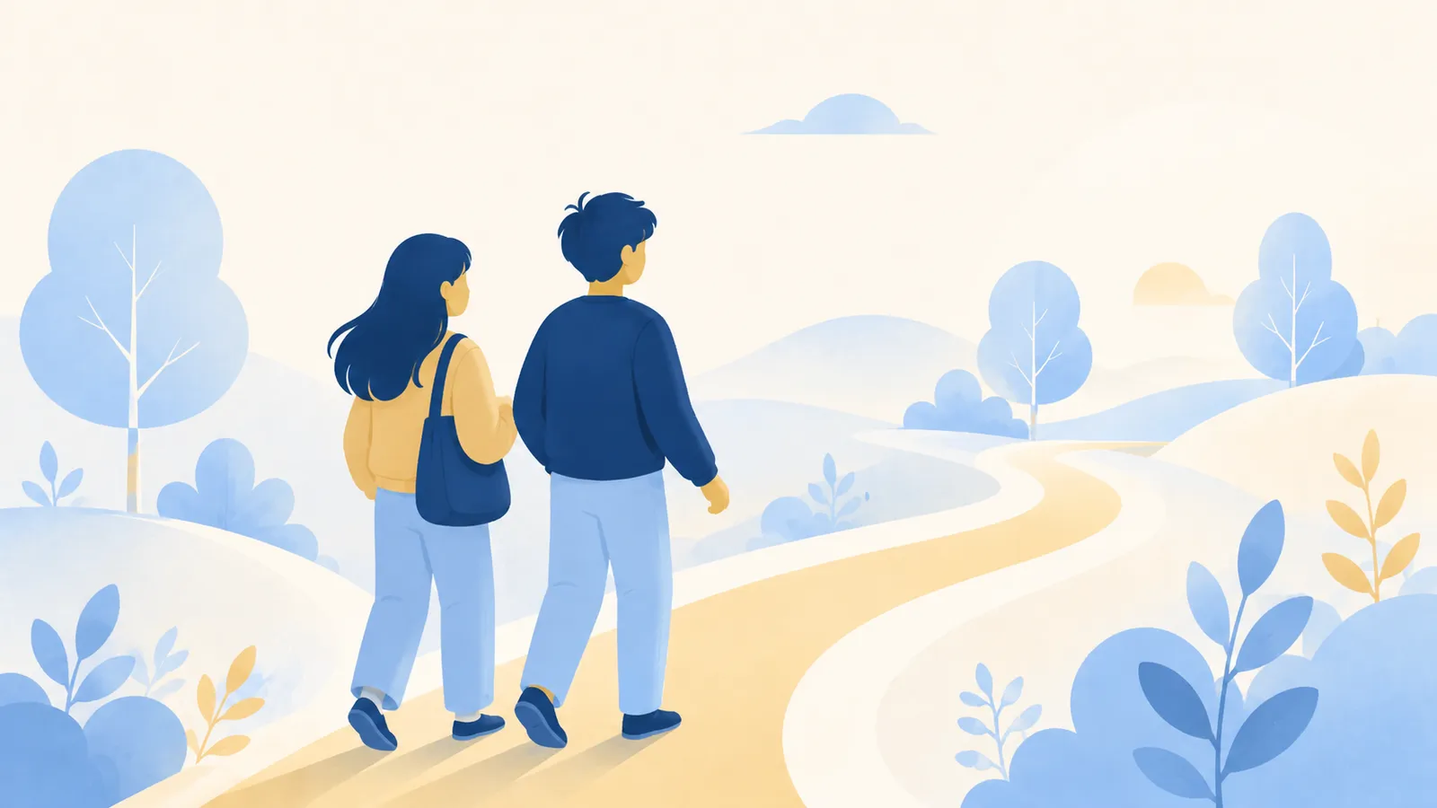 Illustration of two figures walking together along an outdoor path among soft trees, representing walk and talk therapy